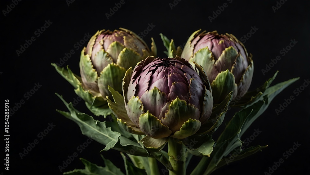 Fototapeta premium Blooming artichoke on black background.