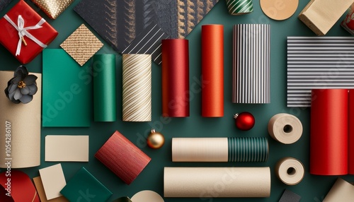 A festive desk covered in colorful wrapping paper rolls, ribbons in various textures, and gift tags ready for a holiday wrapping session. photo