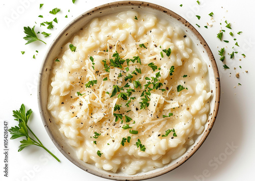 Aerial View of Creamy Risotto with Peas photo