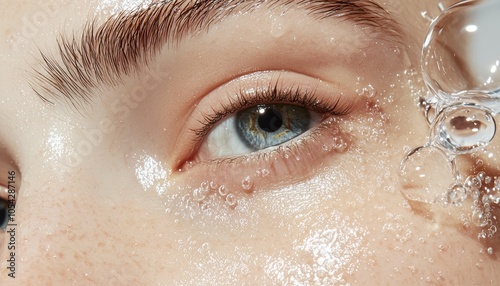 A minimalist beauty shot with a hydrated eye and delicate water bubbles, capturing the clean, fresh feeling of deeply moisturizing skincare products.