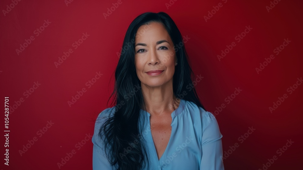 Fototapeta premium Professional Woman in Pastel Blue Blouse with Warm Smile Against Deep Red Background