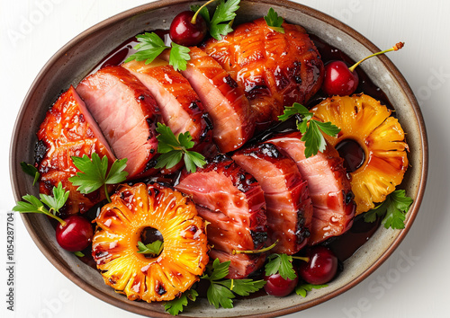 Aerial view of glazed ham slices in a bowl photo