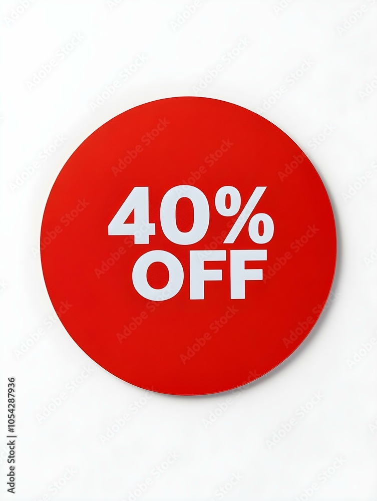 White '40% OFF' Text on a Red Round Paper Note. White Background White '40% OFF' Text on a Red Round Paper Note. White Background