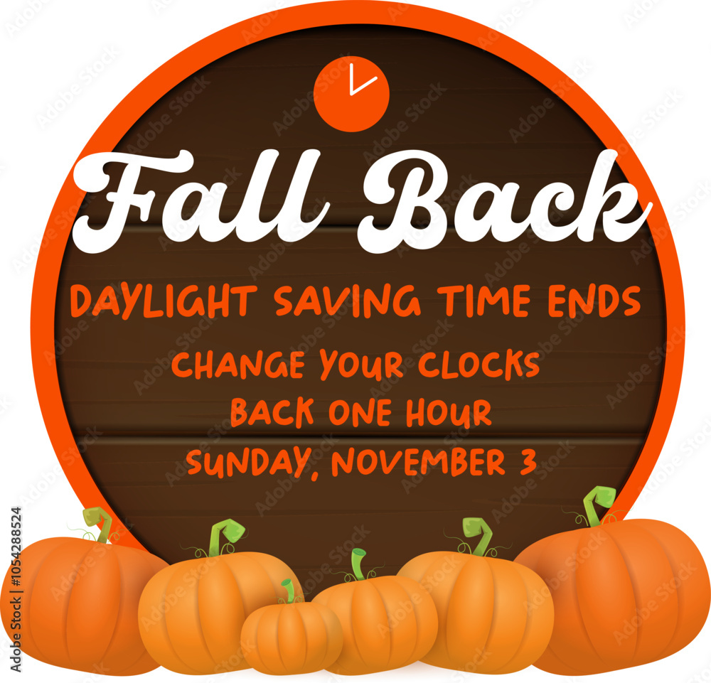 Fall Back 2024. Autumn Daylight saving time ends banner with pumpkins isolated on white background.