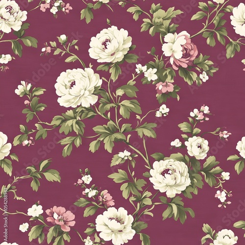 Floral pattern with white and pink flowers on a deep burgundy background.
