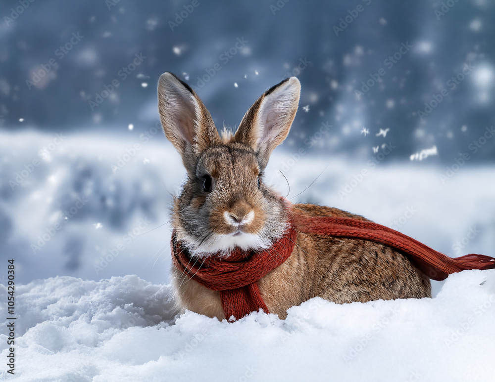 Ein Hase mit roten Schal bei Frostwetter