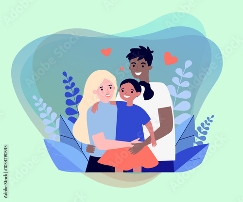 Caucasian mother and African American father with kid. Happy interracial couple holding daughter and hugging vector illustration. Family, love, equality, diversity concept