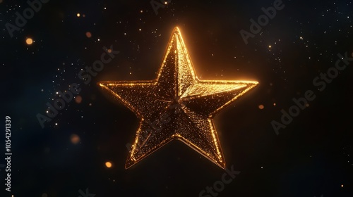 A glowing golden star against a dark background, shimmering with light and particles.