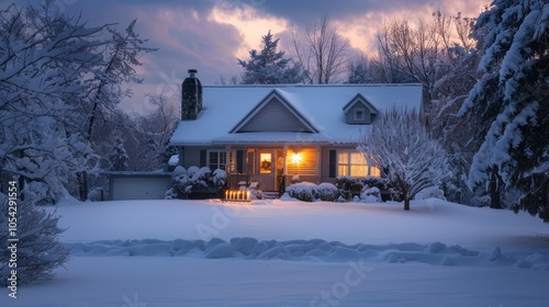 Snow-Covered Home with Glowing Menorah at Dusk in Winter Hanukkah Scene photo