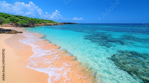 A pristine sandy beach with turquoise waters and a green coastline under a bright blue sky with fluffy white clouds.