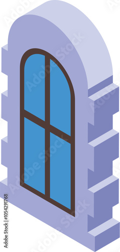 Arched window with blue glass panes and a surrounding wall section, presented in a detailed isometric view, ideal for architectural visualizations