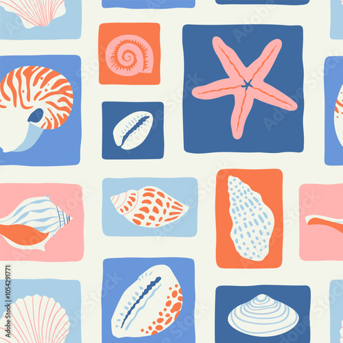 Retro hand drawn seashell mosaic seamless pattern. Tropical summer background illustration. Vintage marine nature print. Patchwork style shell animal wallpaper texture.