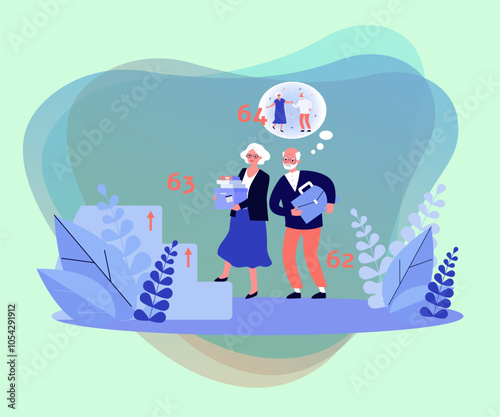 Elderly couple and staircase towards increased retirement age. Old working man thinking of happy retired life with wife vector illustration. Retirement, senior life, pension reform concept