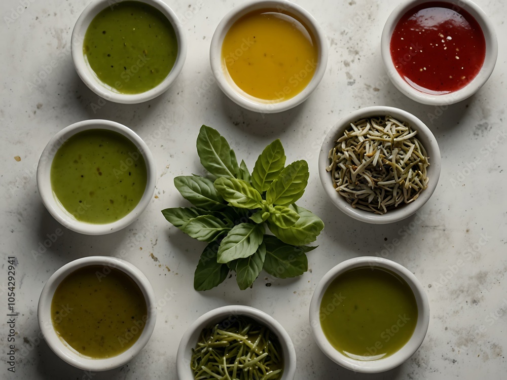 Fresh herb sauces assortment on a white background. Fresh herb sauces assortment on a white background.
