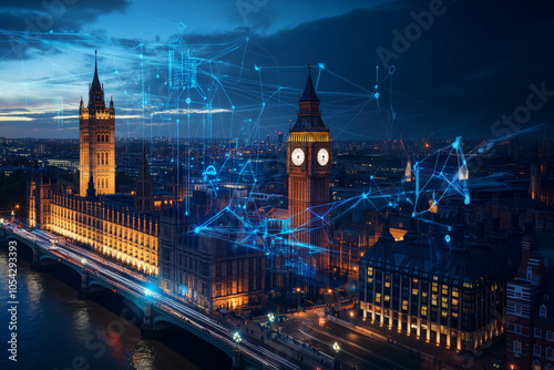 British intelligence and IoT automation in digital transformation A person using a virtual interface to engage with AI (Artificial Intelligence) systems, neural networks, and machi