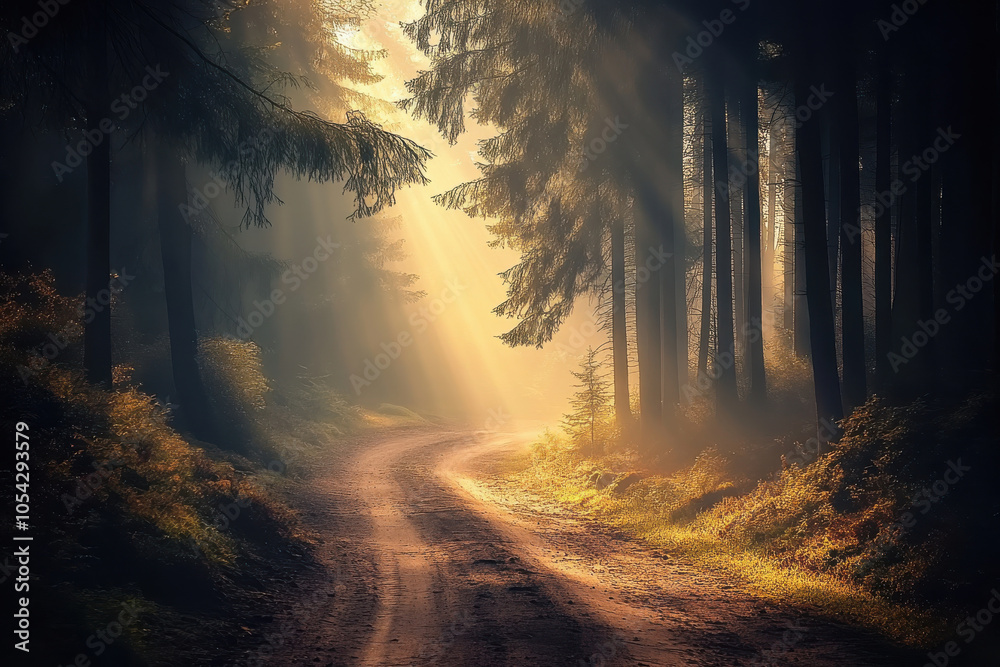serene forest path illuminated by soft sunlight filtering through trees ...