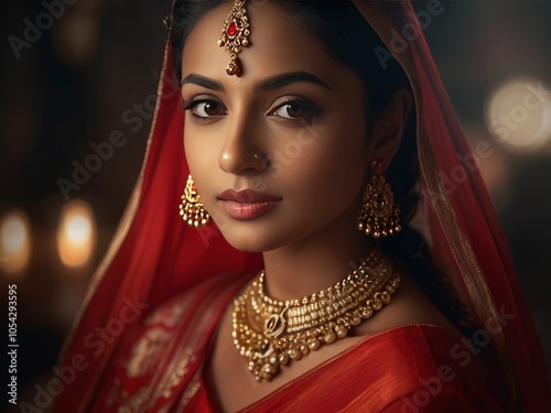 India woman,  wearing red sari dress