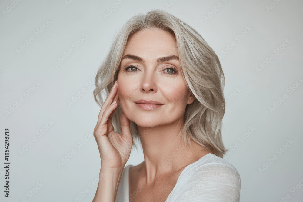 woman with silver hair gently touching her face, exuding confidence and grace. Her soft expression and natural beauty create serene atmosphere woman with silver hair gently touching her face, exuding confidence and grace. Her soft expression and natural beauty create serene atmosphere