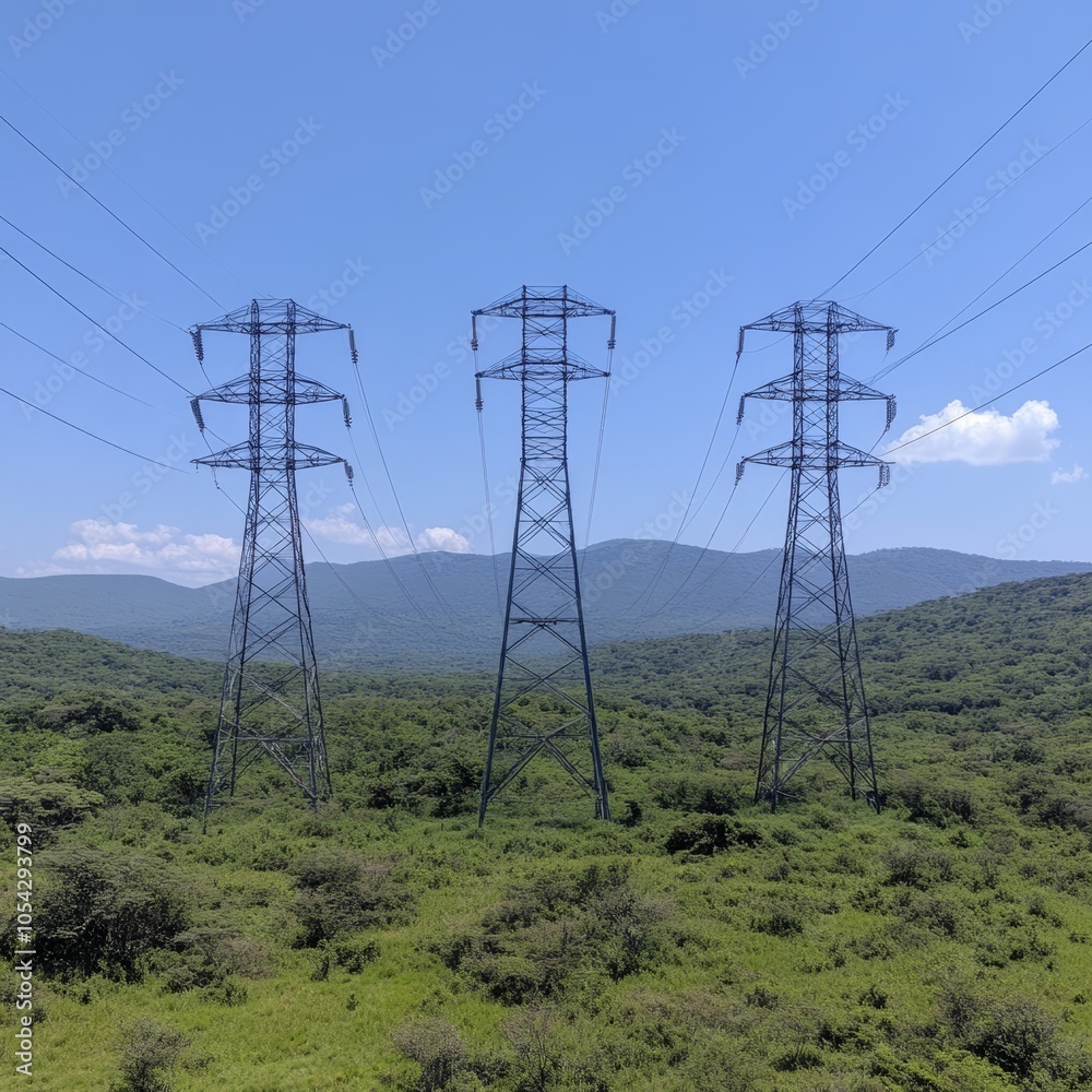 Obraz premium Power lines stretch across a green landscape with distant mountains.