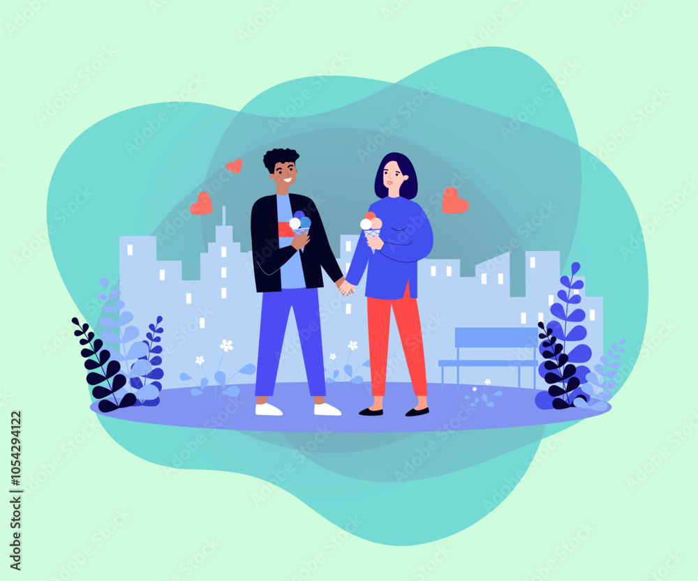 Naklejka premium Happy boyfriend and girlfriend eating ice cream in park. Interracial couple holding hands and eating sweet snacks vector illustration. Food, desserts, outdoor activity, love, summer concept