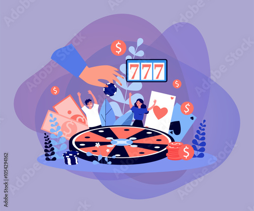 Happy gamblers with huge roulette and coins vector illustration. Cartoon drawing of big hand holding chip, jackpot, money and poker cards. Gambling, addiction, entertainment, casino concept