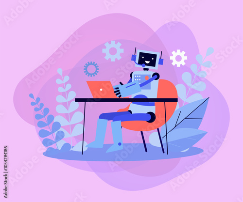 Happy comic customer service support robot at laptop. Robotic character with headset as assistant or chatbot vector illustration. Modern technology, assistance, artificial intelligence concept