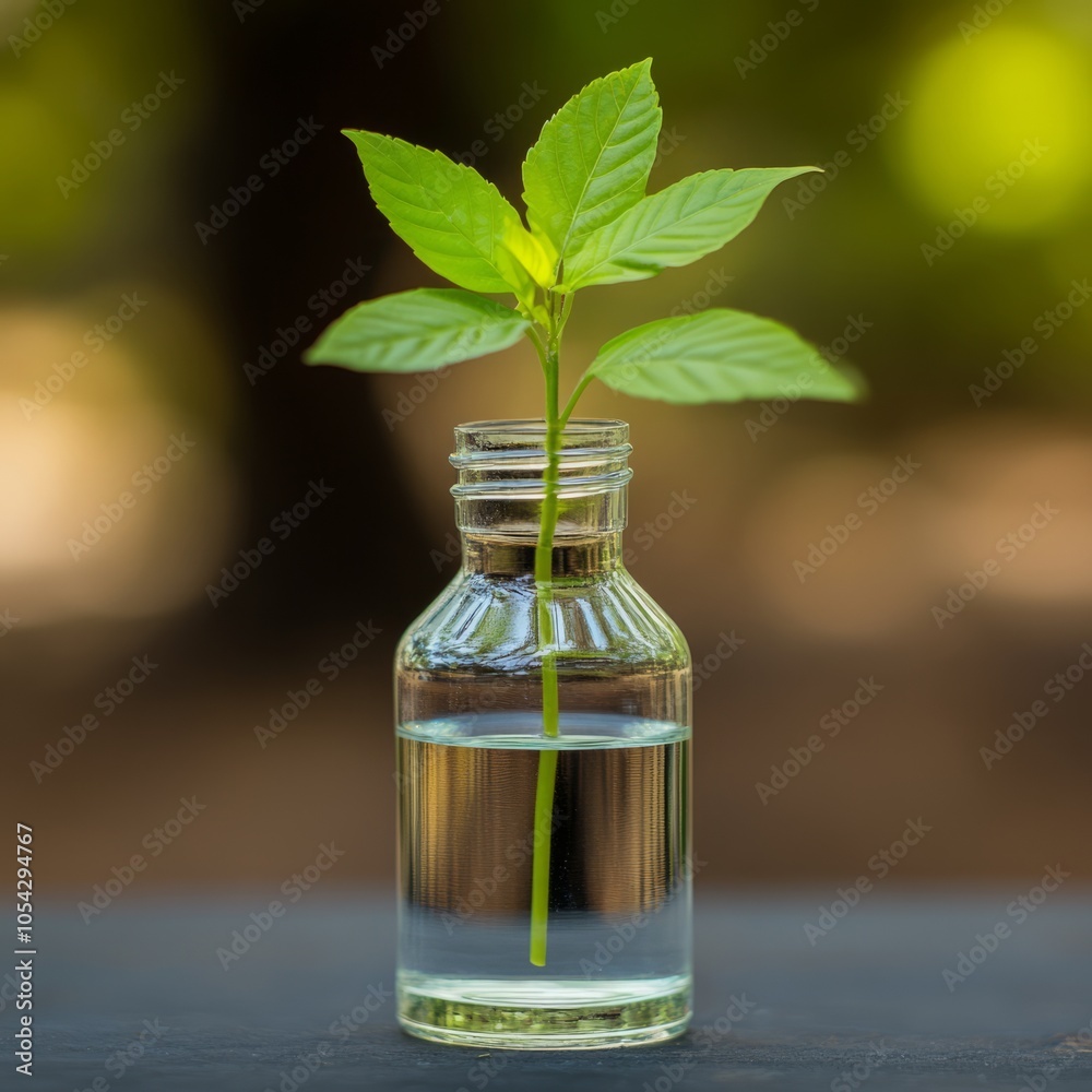 A sprouting plant in a glass bottle filled with water, symbolizing growth. A sprouting plant in a glass bottle filled with water, symbolizing growth.
