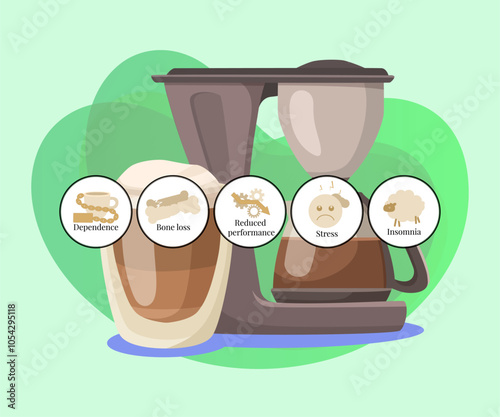 Harm of caffeine vector illustration. Coffee machine with dependance, bone loss, reduced performance, stress, insomnia warnings on white background. Refusal of caffeine, caffeine free menu concept
