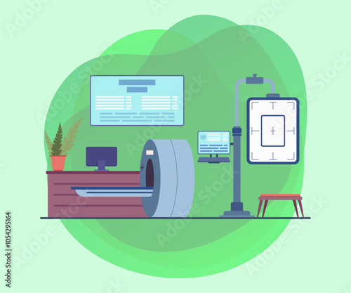 Hospital interior with magnetic resonance tomography equipment. Vector illustration with medical diagnostic tools. Musculoskeletal health, tomography, treatment concept