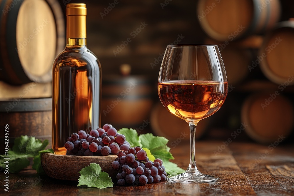 Fototapeta premium Glass of wine with bottle and grapes close-up in wine cellar. Alcoholic drink, white wine