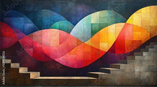Abstract Painting with Curved Shapes and Stairs photo