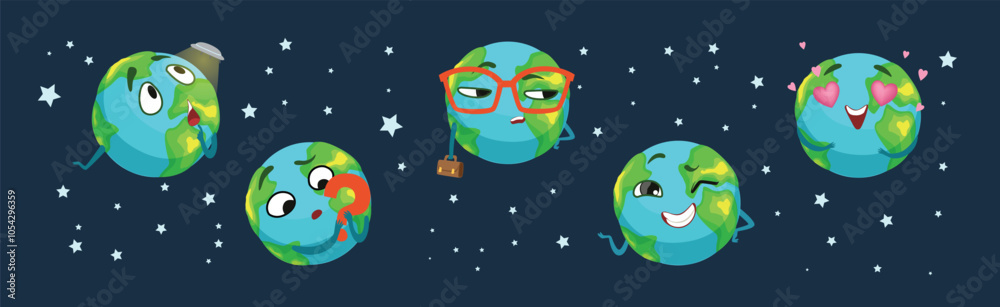 Fototapeta premium Funny Planet Character Showing Different Emotion Vector Set