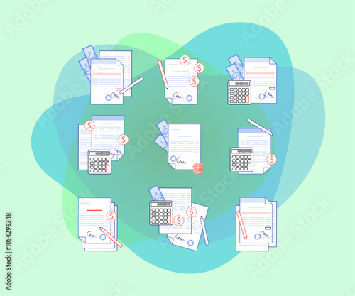 Invoices or documents with money vector illustrations set. Cartoon drawings of contracts with cash and calculators, outlines of bills or receipts. Information, finances, management, accounting concept