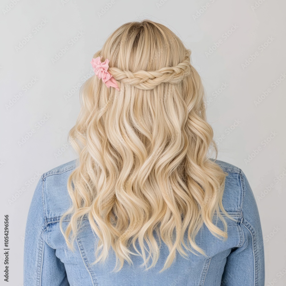 Naklejka premium A woman with wavy blonde hair styled with a braid and pink accessory.