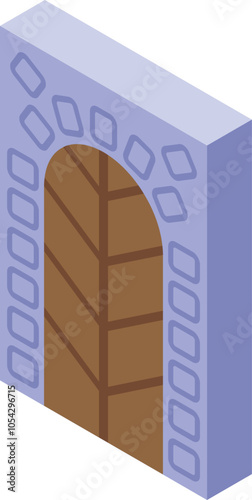 Isometric view of a fortified gate protecting a medieval city, featuring a wooden door and stone archway