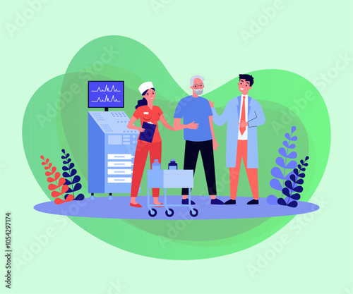 Nurse and doctor consulting senior man vector illustration. Cartoon drawing of elderly person at health check-up with medical professionals and equipment. Healthcare, elderly care, medicine concept