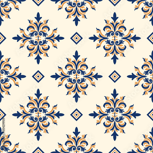 A decorative pattern featuring intricate floral designs in blue and gold on a cream background, ideal for textile or wallpaper use.
