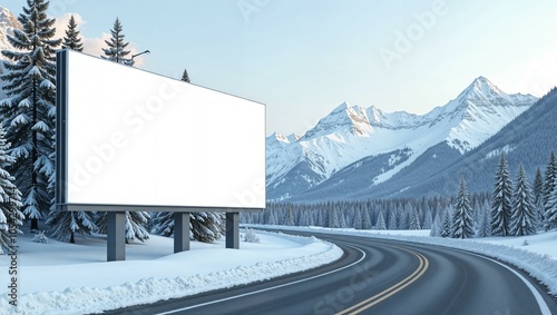 White billboard near the road with mountain winter view, clean and minimalist design, large and empty, ready for custom text or graphics. horizontal advertisement mockup