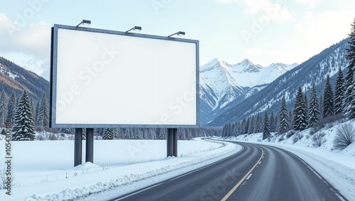 White billboard near the road with mountain winter view, clean and minimalist design, large and empty, ready for custom text or graphics. horizontal advertisement mockup