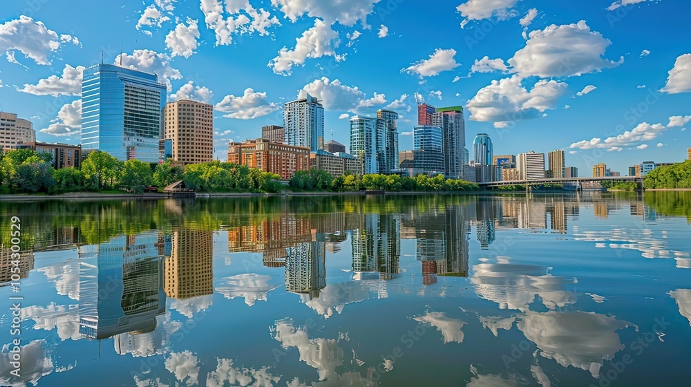 Fototapeta premium Reflections of skyscrapers in a calm river during the day.