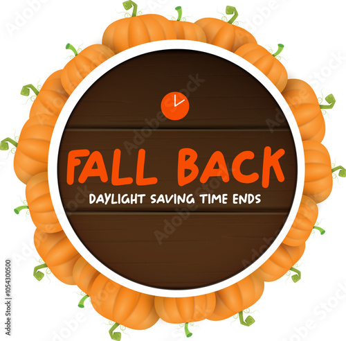 Fall Back 2024. Autumn Daylight saving time ends banner with pumpkins isolated on white background.