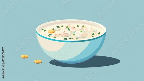 Rendering of a bowl of clam chowder with oyster crackers flat design front view New England staple theme cartoon drawing Split-complementary color scheme photo