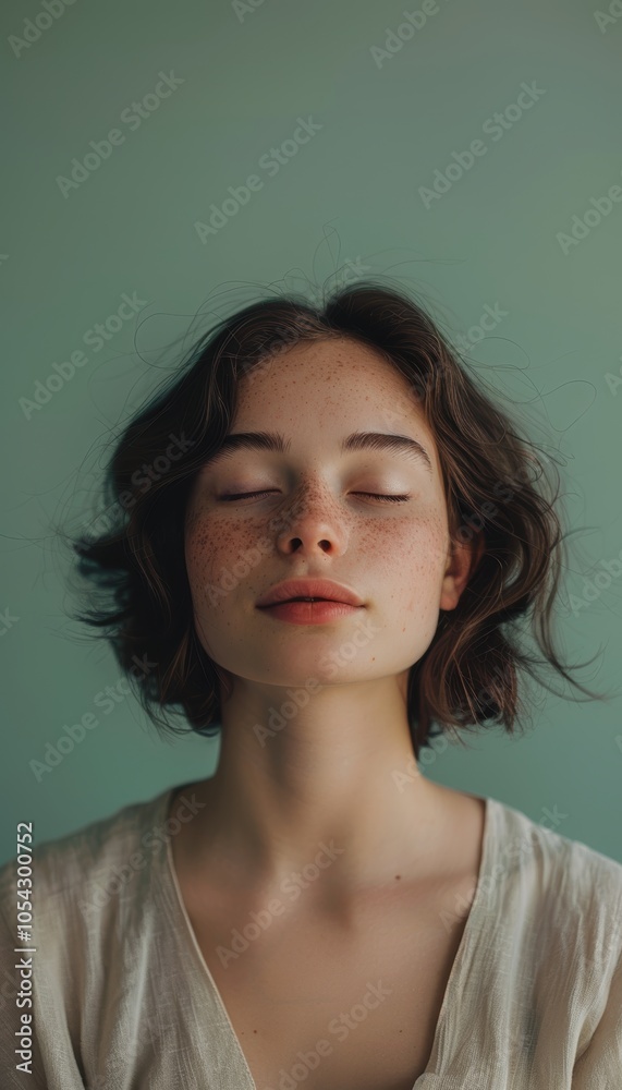 Fototapeta premium Tranquil Portrait of a Young Woman Against Soft Pastel Green Background