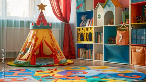 A colorful childrens section with a low bookshelf shaped like a castle a play tent and a reading rug adorned with alphabet letters. photo