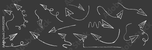 Hand drawing crayon paper airplanes set. Vector stock illustration isolated on black chalkboard background for design template business or education presentation, information banner, advertising sign.
