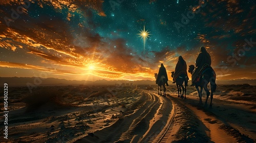 A bright star guiding the magi across the desert as they carry gifts for baby Jesus, calm and mystical atmosphere
