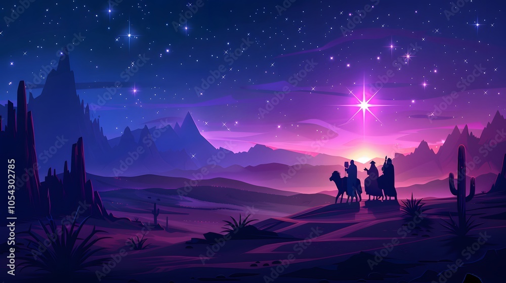 Naklejka premium A radiant star leading the way as the wise men journey through the desert with gifts for baby Jesus, mystical night scene