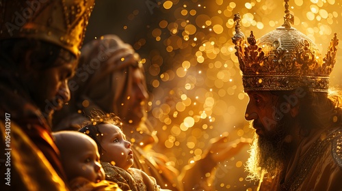 A warm golden light softly lighting up the three magi’s faces as they offer gifts to baby Jesus, calm and reverent mood