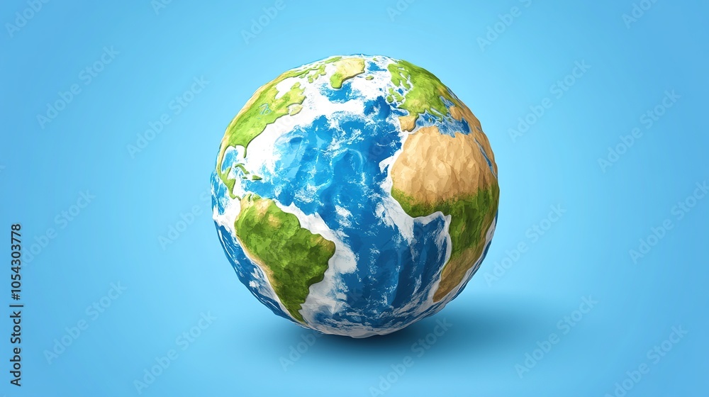 3D illustration of Earth with textured continents and oceans on a bright blue background, representing global concepts and environmental awareness 3D illustration of Earth with textured continents and oceans on a bright blue background, representing global concepts and environmental awareness