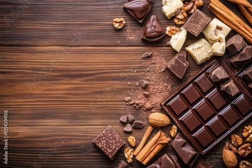 A delectable assortment of artisanal chocolate delights arranged on a rustic wooden surface, creating a visually appealing and indulgent scene.